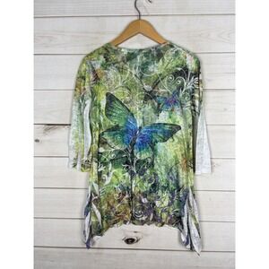 Jess & Jane Shirt Womens Medium Green Butterfly Forest Rhinestone Top 3/4 Sleeve